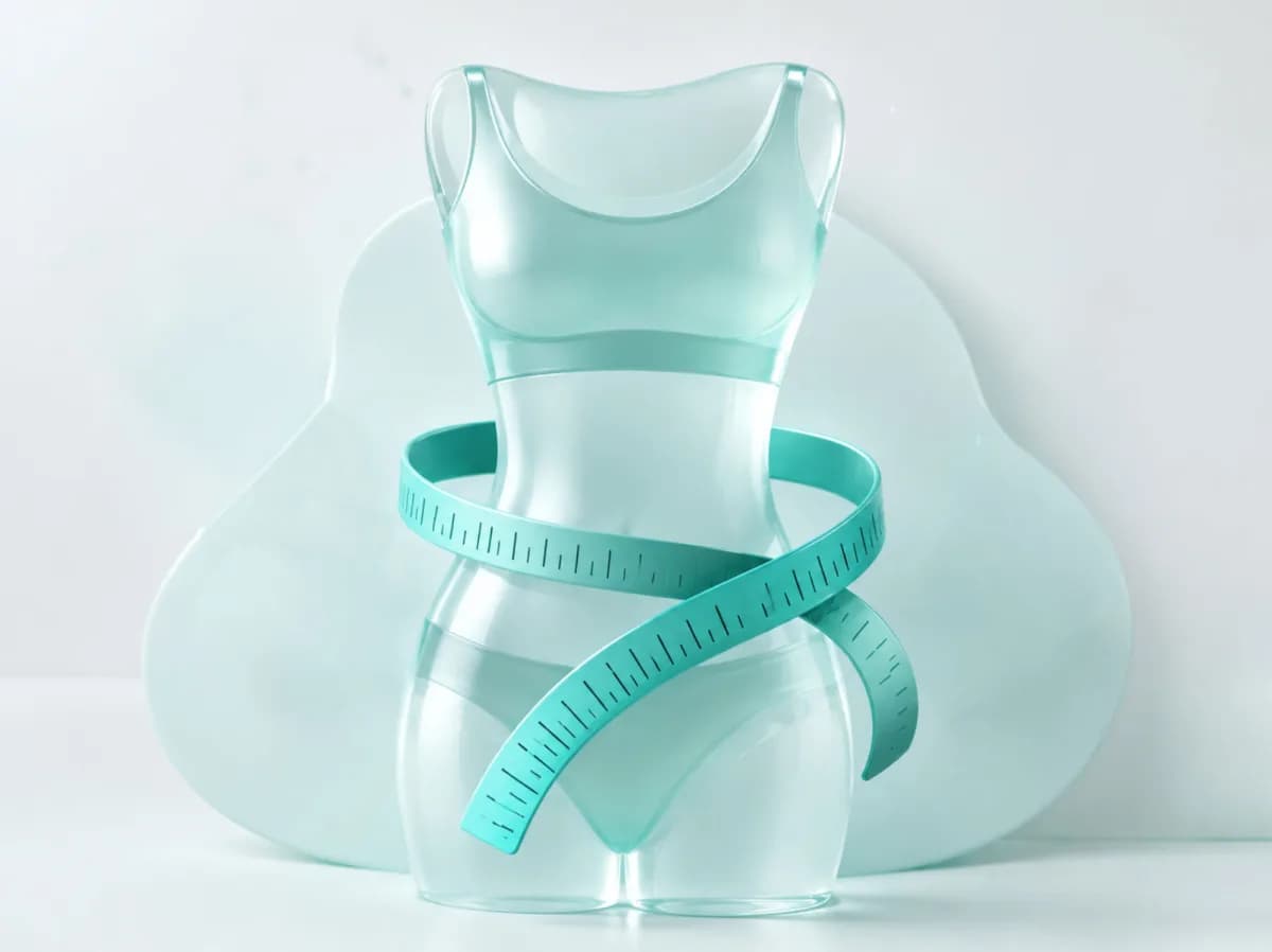 Translucent body silhouette wrapped with measuring tape representing clinician-supervised weight loss